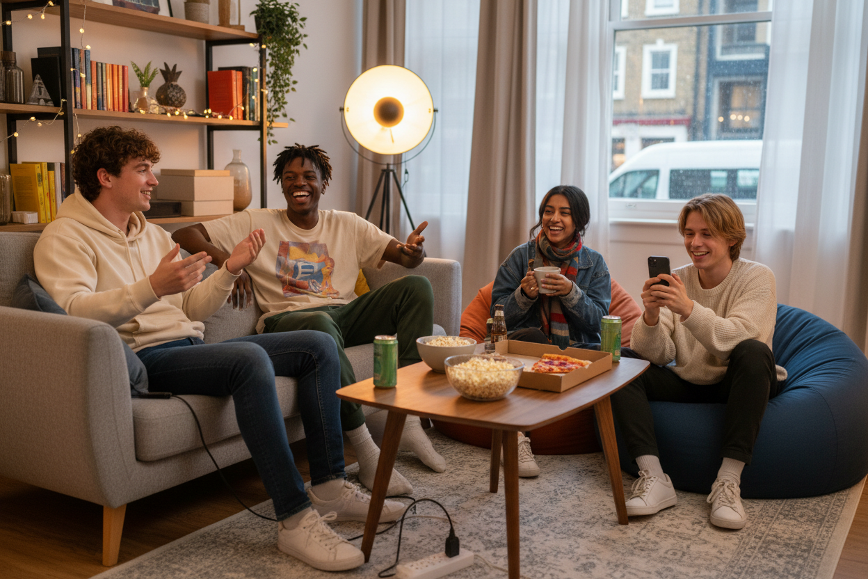 gen z stephen from the UK hanging out with his mates at home 