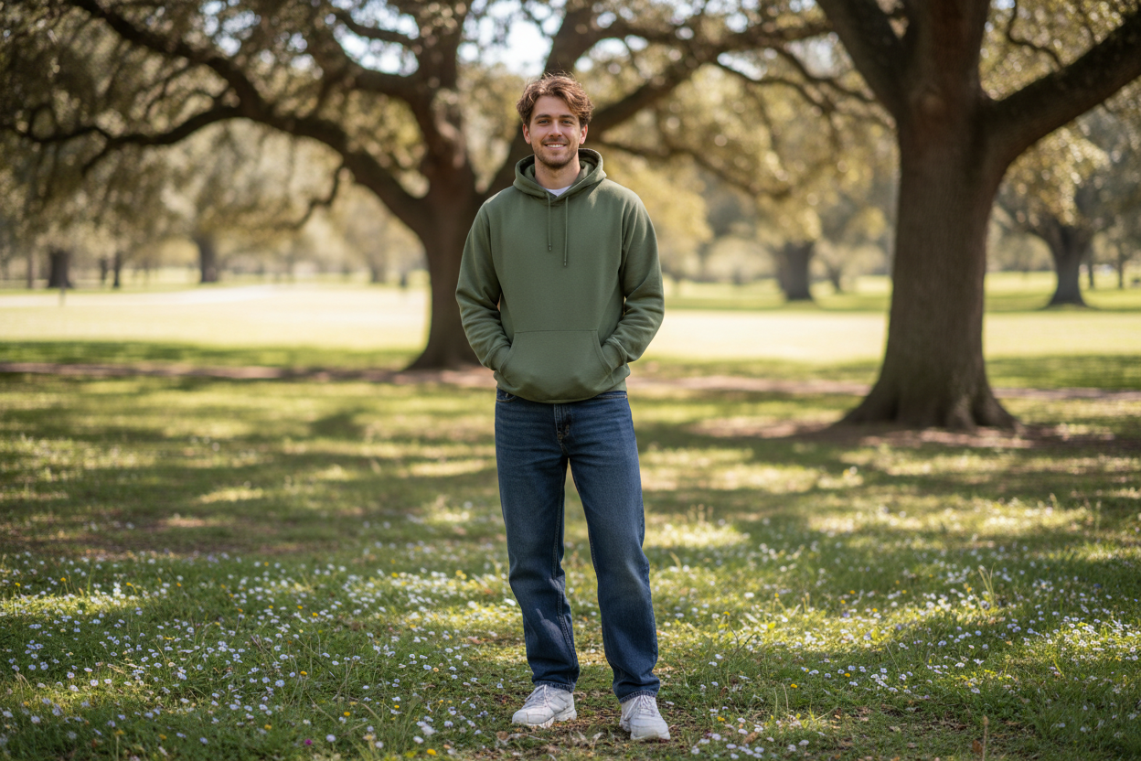 no games console in his hand and he doesn#t have writing on his hoody that hes  wearing 